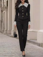 Maeyira Chic Lace-Collared Fitted Blazer & Cigarette Pants Suit Set