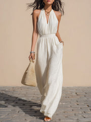 Maeyira Halter V-Neck Fitted Vest & Wide-Leg Pants - 2-Piece Set