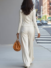 Maeyira White Two Piece Suit - Zipper Jacket and Wide Leg Pants