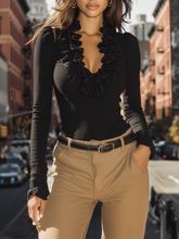 Maeyira Black Ruffle Trim V-Neck Top - Long Sleeve Style