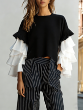 Maeyira Black Crop Top with Elegant White Tiered Ruffle Sleeves