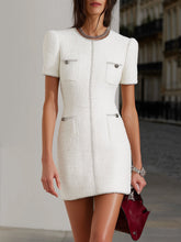 Maeyira White Tweed Mini Dress with Pearl Button Pockets