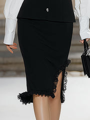 Maeyira Black White Contrast Set - Women's Puff Sleeve Top Midi Skirt