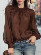 Maeyira Stand-Collar Satin Blouse with Sheer Chiffon Sleeves