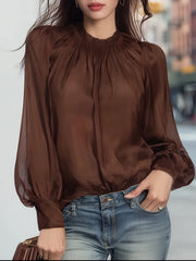 Maeyira Stand-Collar Satin Blouse with Sheer Chiffon Sleeves