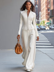 Maeyira White Two Piece Suit - Zipper Jacket and Wide Leg Pants