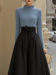 Maeyira Blue Black Two Piece - Turtleneck Top A-Line Skirt