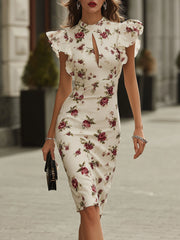 Maeyira White Floral Print Midi Dress with Ruffle Sleeves