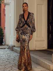 Maeyira Gold Zebra Print Maxi Dress Deep V-Neck Long Sleeve