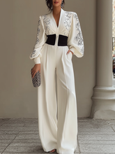 Maeyira White V-Neck Jumpsuit - Floral Print Sleeves & Black Waist