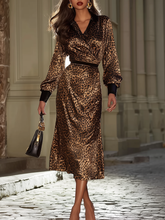 Maeyira Leopard Print Satin Midi Wrap Dress Bishop Sleeve