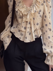 Maeyira V-Neck Floral Chiffon Blouse with Elegant Ruffle Details