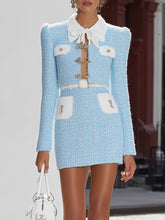 Maeyira Light Blue Tweed Two Piece Set with Bow Collar