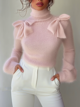 Maeyira Chic Pink Turtleneck Sweater with Elegant Shoulder Bow Detail
