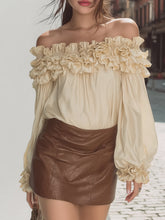 Maeyira Vintage Off-Shoulder Satin Top - Ruffle Trim & Puff Sleeve