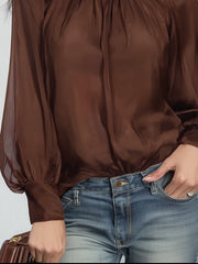 Maeyira Stand-Collar Satin Blouse with Sheer Chiffon Sleeves