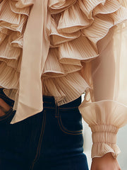 Maeyira Beige Ruffle Chiffon Blouse - Chic V-Neck Design
