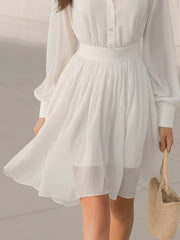 Maeyira White Chiffon Shirt Dress with Long Sleeves & Belted Waist