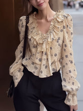Maeyira V-Neck Floral Chiffon Blouse with Elegant Ruffle Details
