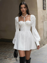 Maeyira White Mini Dress with Puff Sleeves - Sweetheart Neckline