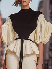 Maeyira Contrast Mock Neck Blouse with Stylish Peplum Hem