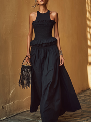 Maeyira Black Ruffle Maxi Dress Smocked Waist Sleeveless