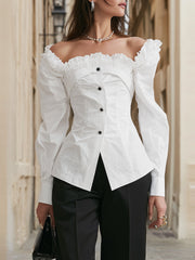 Maeyira Elegant White Off-Shoulder Blouse with Layered Ruffle Trim