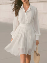 Maeyira White Chiffon Shirt Dress with Long Sleeves & Belted Waist
