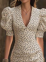 Maeyira Polka Dot Mini Dress with Puff Sleeves and V-Neck