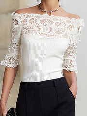 Maeyira White Off-Shoulder Lace Top & Black Trousers Set