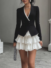 Maeyira Black Blazer White Contrast Trim Tiered Ruffle Skirt