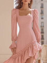 Maeyira Pink Square Neck Puff Sleeve Dress with Irregular Ruffle Hem