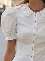 Maeyira White Peter Pan Collar Blouse - Elegant Puff Sleeve Fit