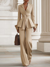 Maeyira Beige Two Piece Suit - Peplum Blazer and Wide Leg Pants Set