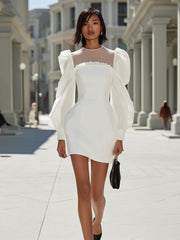 Maeyira White Mini Dress with Sheer Mesh Yoke - Puff Sleeve