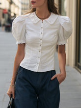 Maeyira White Peter Pan Collar Blouse - Elegant Puff Sleeve Fit