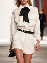 Maeyira White Shirt & Shorts Set - Neck Tie Detail, No Belt Style