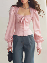 Maeyira Blush Satin Blouse with Elegant Lace Trim - V-Neck Style