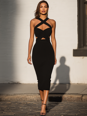 Maeyira Black Halter Midi Dress Crisscross Cutout Detail