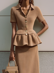 Maeyira Beige Textured Two Piece - Knit Button Top Midi Skirt