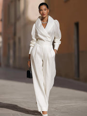 Maeyira Chic White Linen Blend Shirt & Wide Leg Trousers Set