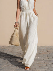 Maeyira Halter V-Neck Fitted Vest & Wide-Leg Pants - 2-Piece Set