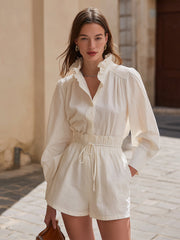 Maeyira Chic White Linen Blend Ruffle Shirt & Shorts Set