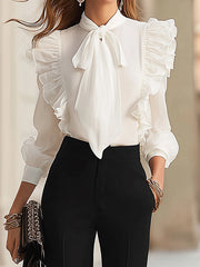 Maeyira White Ruffle Bow Blouse & Black Wide Leg Pants - 2pc Set