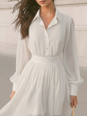 Maeyira White Chiffon Shirt Dress with Long Sleeves & Belted Waist
