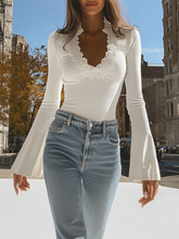 Maeyira White V-Neck Top with Elegant Lace Trim & Bell Sleeves