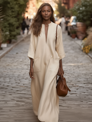 Maeyira Cream Linen Maxi Dress with Pockets - 3/4 Sleeve V-Neck