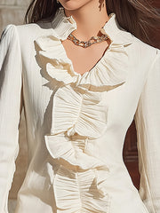 Maeyira Cream Ruffle Trim Blouse - Elegant Long Sleeve Design