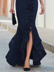 Maeyira Navy Blue Halter Maxi Dress Ruffle Trim High Slit