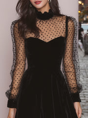 Maeyira Black Velvet Mini Dress with Mesh Polka Dot Sleeves